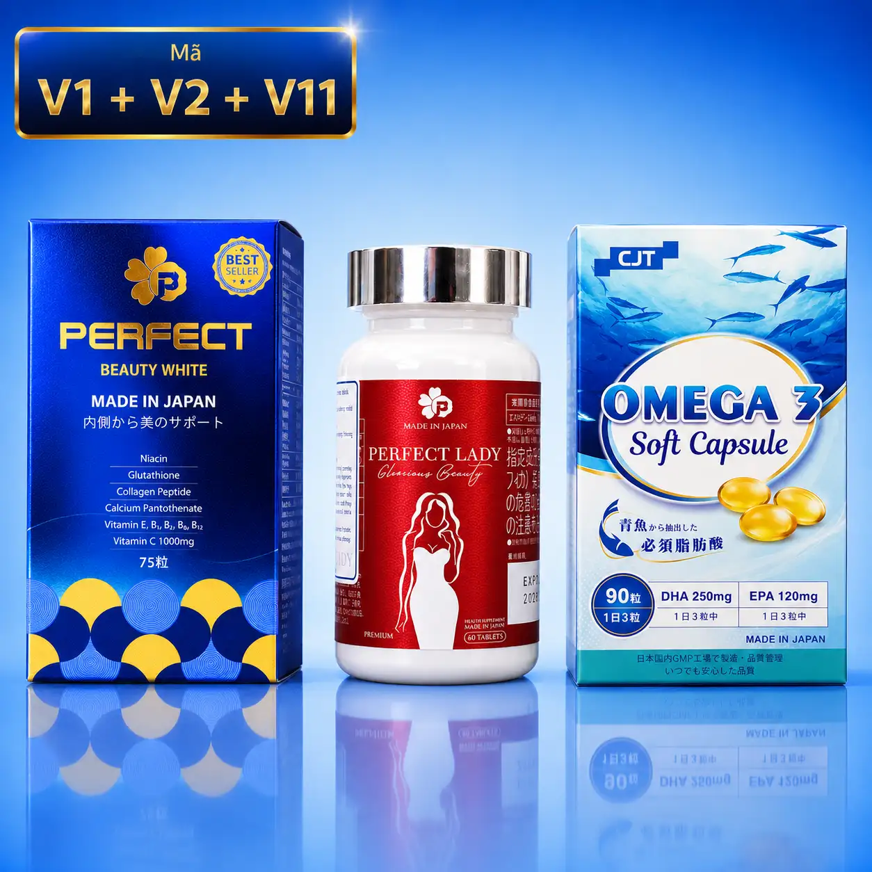 [Mã V1 + V2 + V11] Combo Perfect Lady, Perfect Beauty White & Omega 3 Nhật Bản (3 Hộp)
