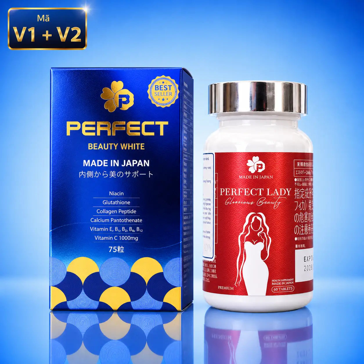 [Mã V1 + V2] Bộ Đôi Viên Uống Nội Tiết Perfect Lady & Trắng Da Perfect Beauty White (2 Hộp)